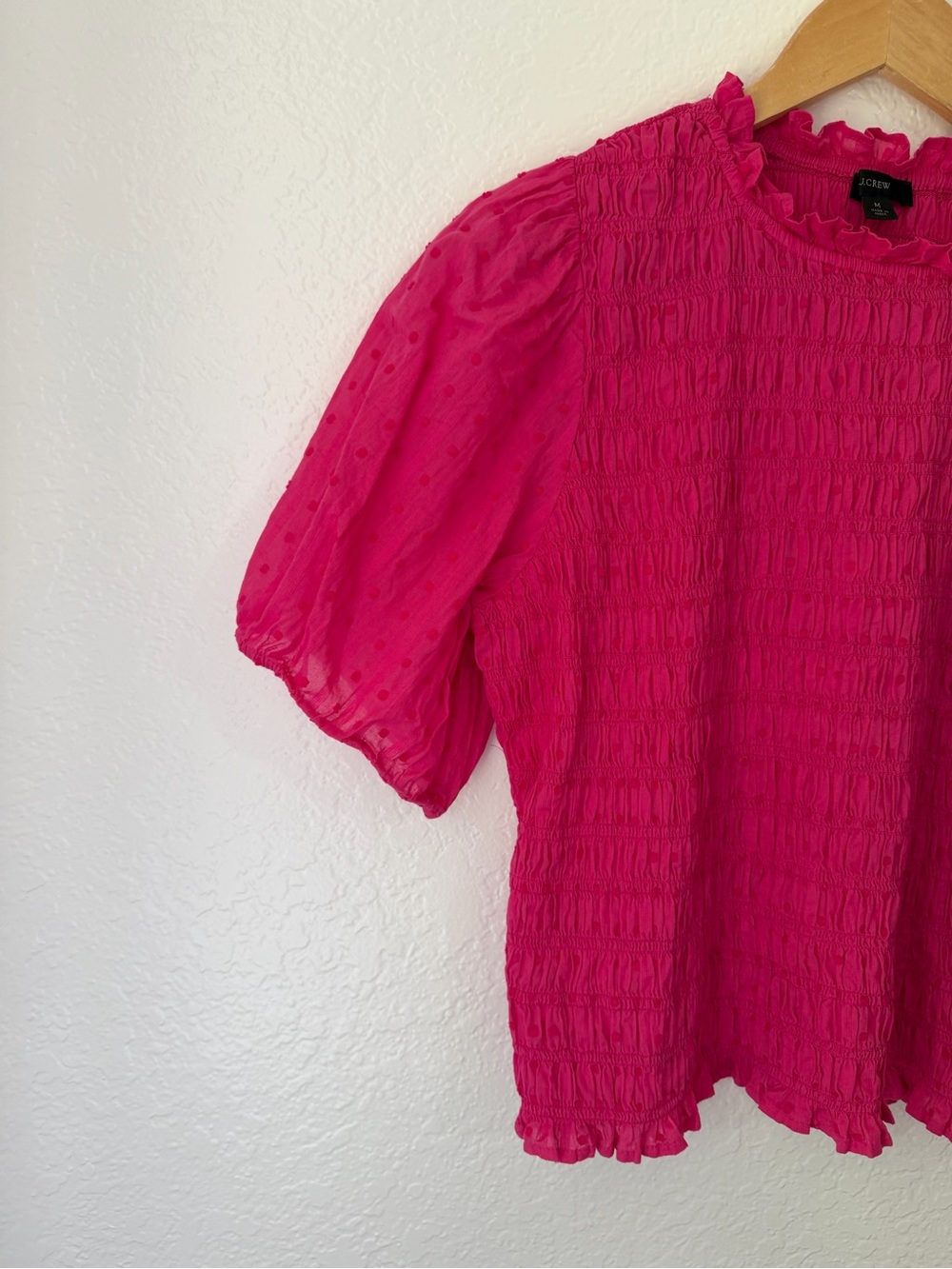 J. Crew Hot Pink Smocked Puff-Sleeve Blouse - Picture 3 of 6